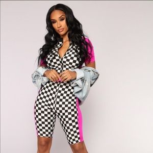 Fashion Nova pitstop checkered short jumpsuit